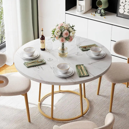 Wooden Faux Marble Round Dining Table with Gold Base