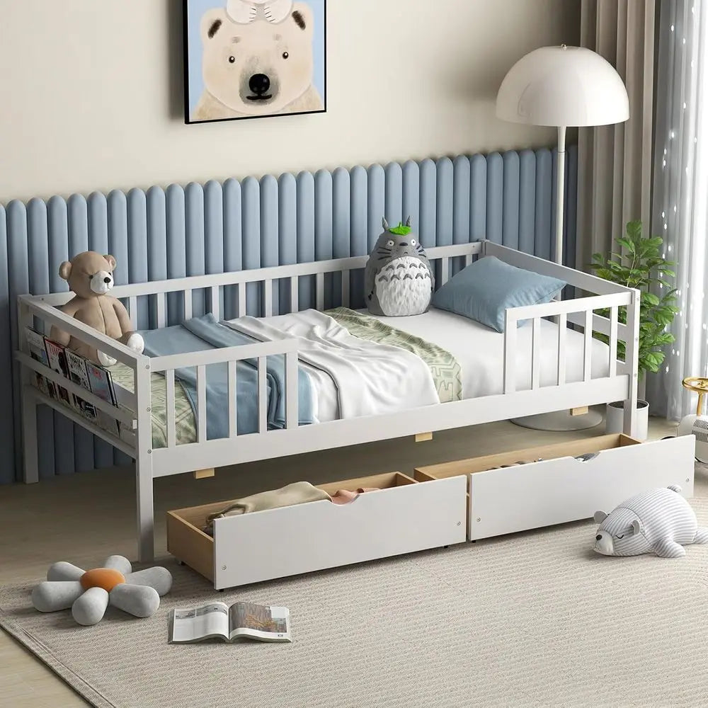 Twin Bed with Side Rails & 2 Pull-Out Drawers