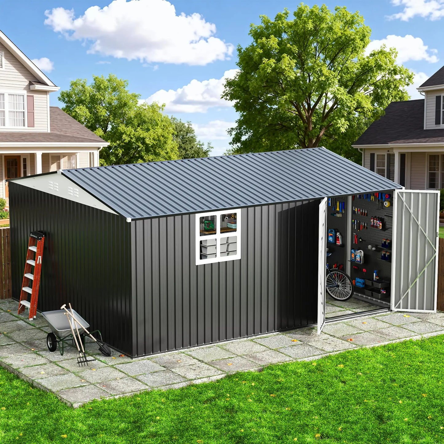 Heavy-Duty Metal Frame Storage with Window and Lockable Tool Shed