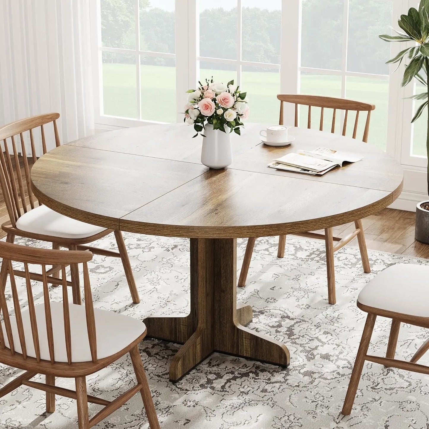 Farmhouse Round Dining Table with Tabletop and Stable Base