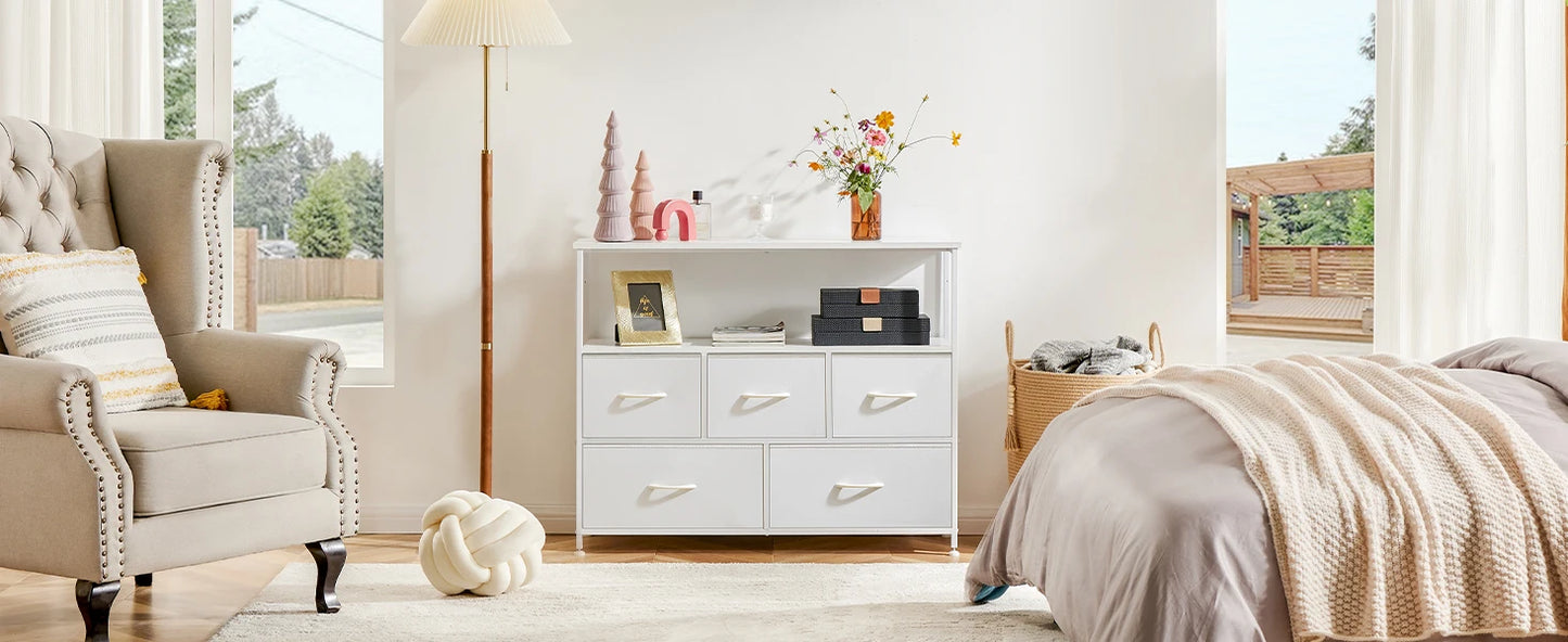 TV Stand Dresser with 5 Fabric Storage Drawers Media Console