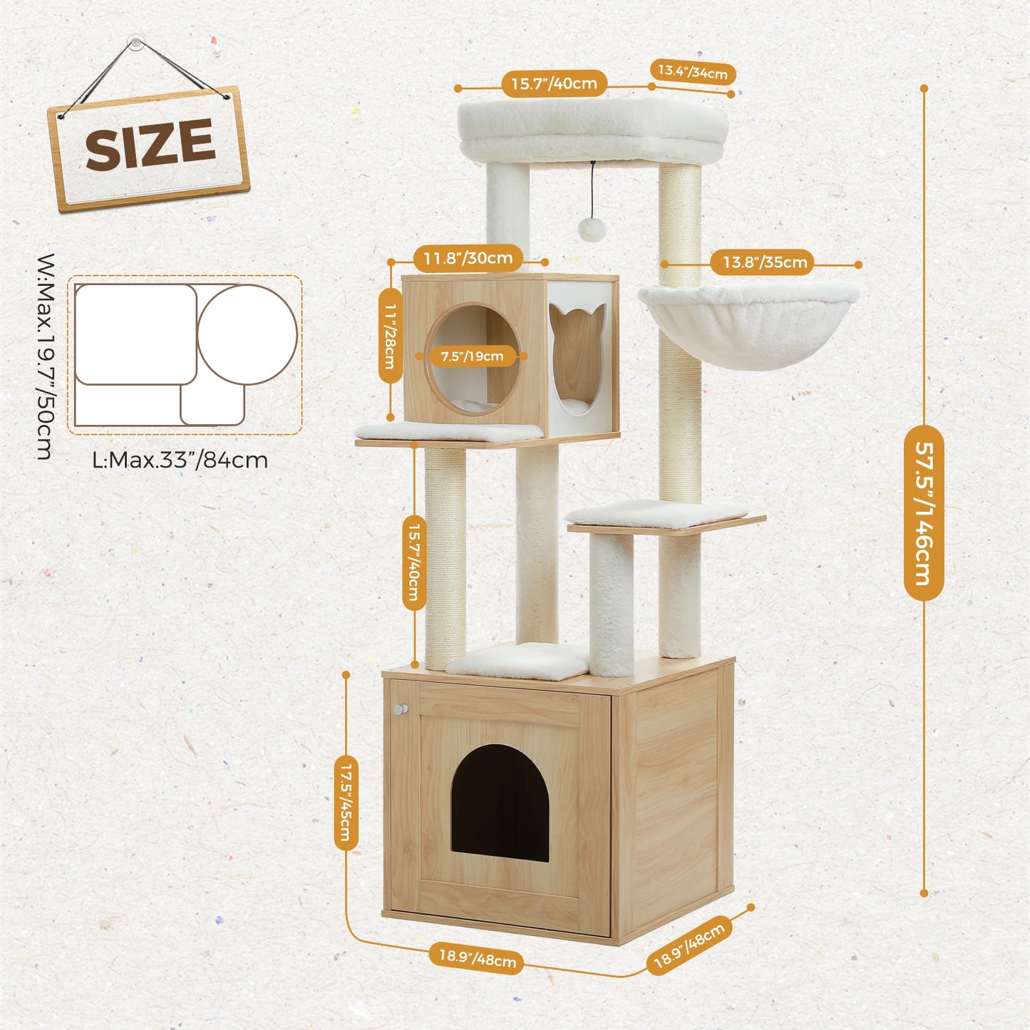 Cat Tree Tower Litter Box Wood Structure Storage with Hammock