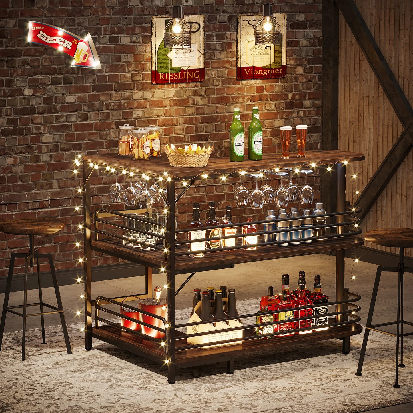 Dining Room 3 Tier Liquor Bar Table with Storage Shelves and Wine Glasses Holder