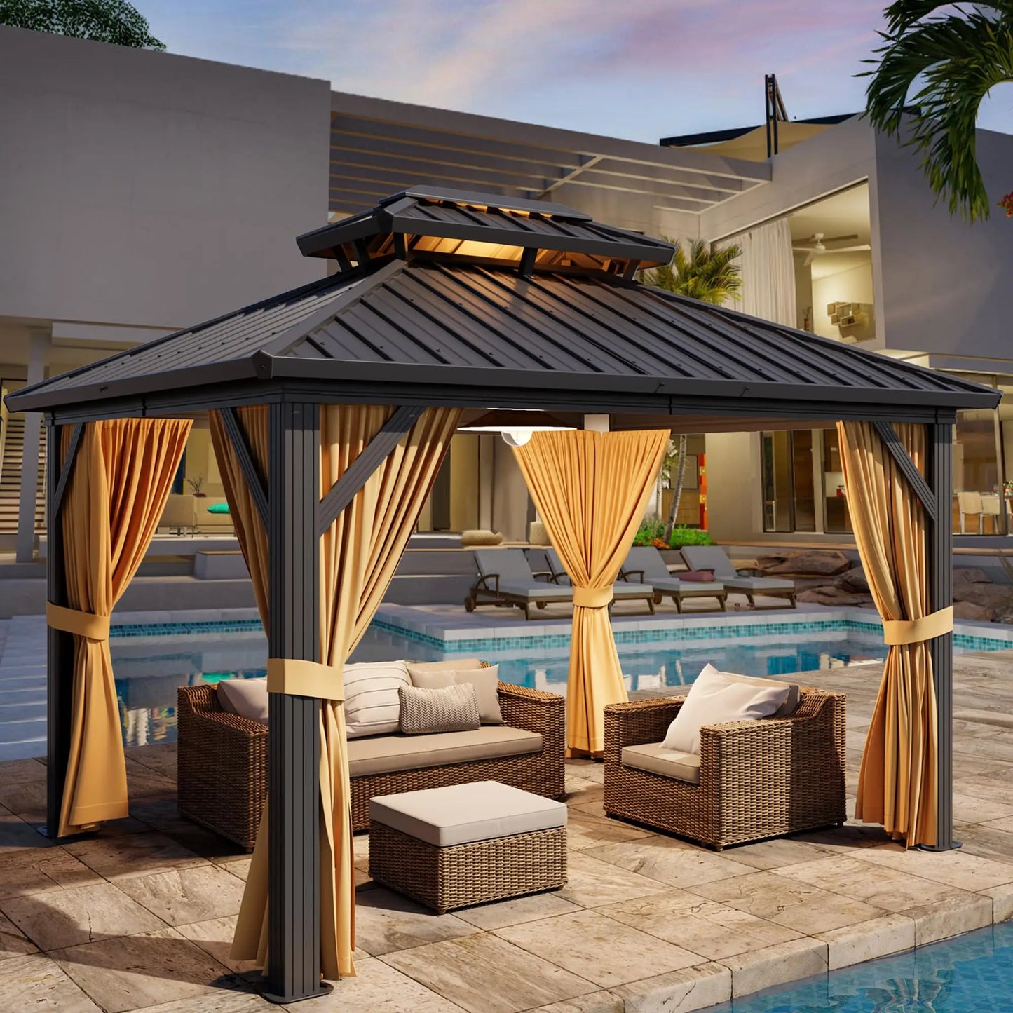 Heavy Duty Hardtop Gazebo Aluminum Permanent Pavilion With Double Steel Roof Netting & Curtains