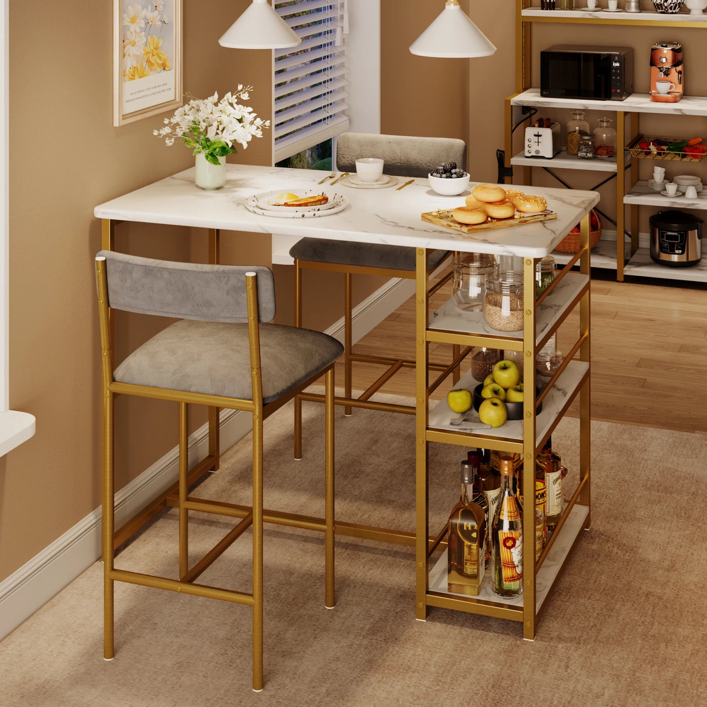 Dining Table and Chairs Set Space-Saving Bar Table with 2 PU Cushioned Stools