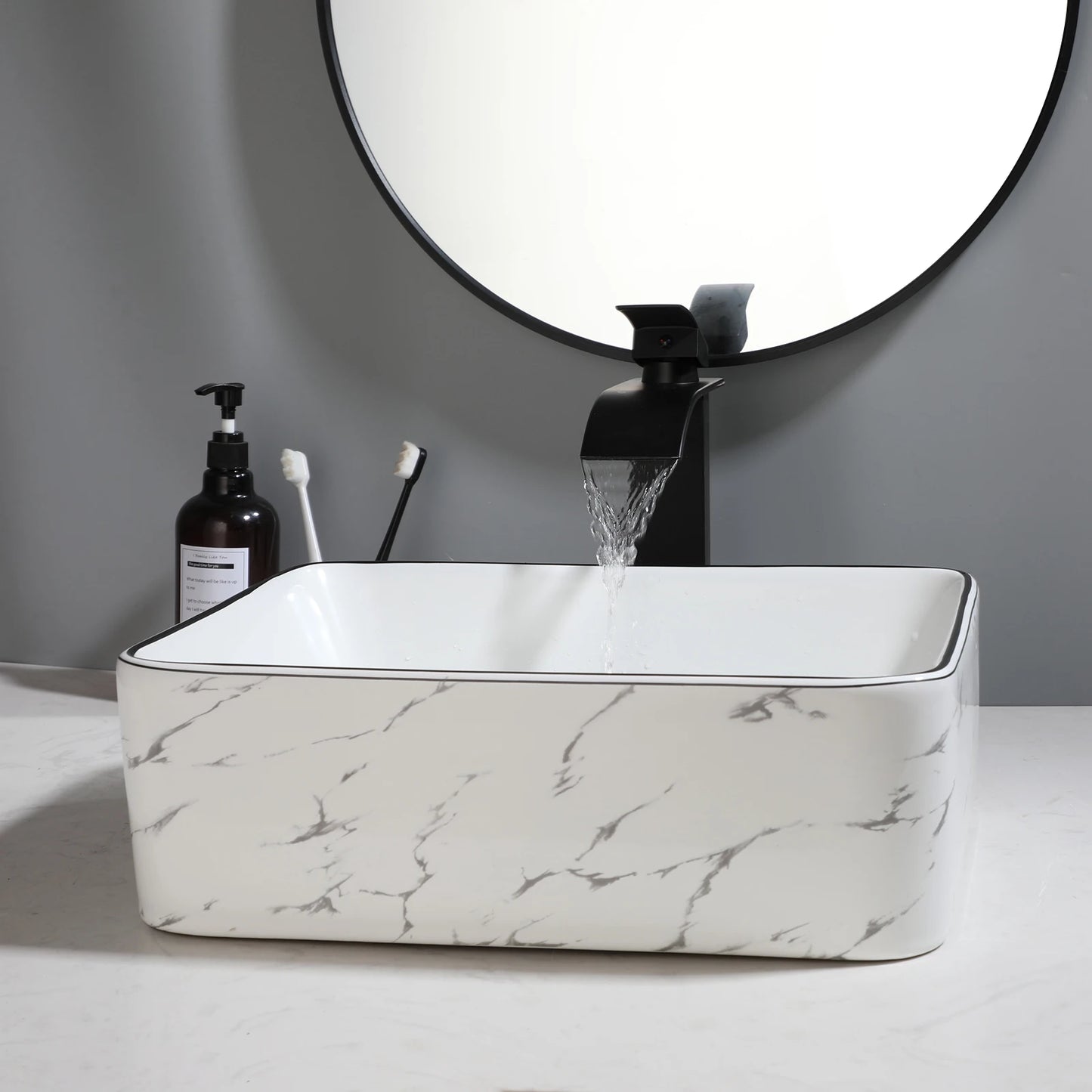 Ceramic White Vessel Sink with Black Trim