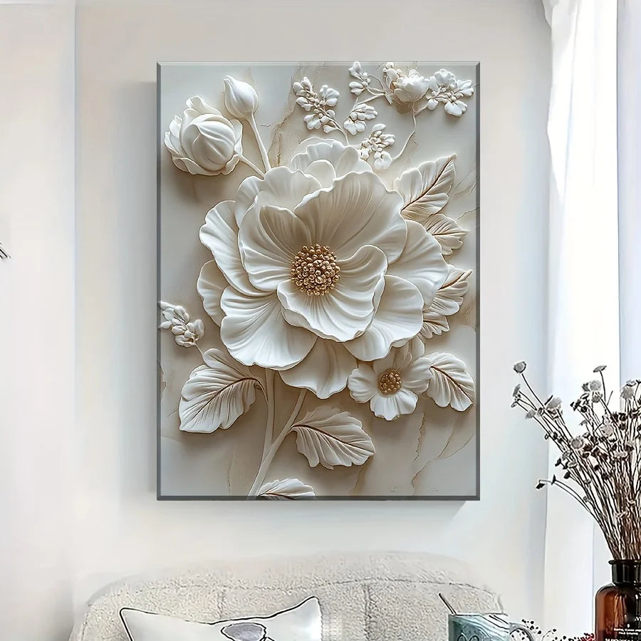 Wood Frame Canvas White Flower Pattern Mural