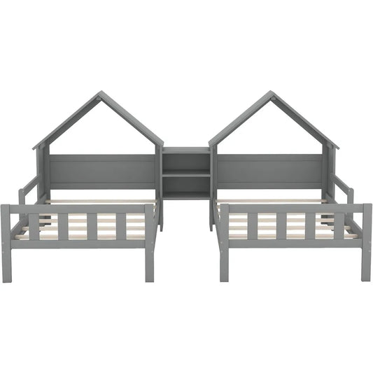 Double Twin Bed House Frame with Nightstand