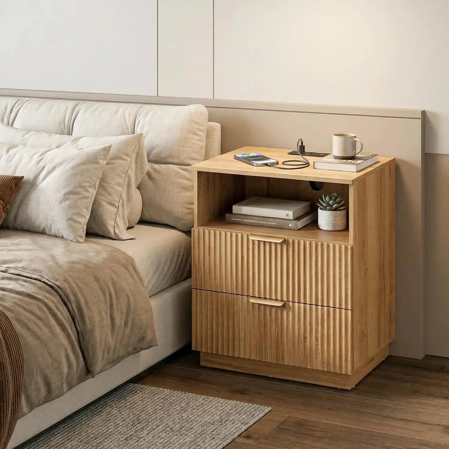 Fluted Nightstand with Charging Station