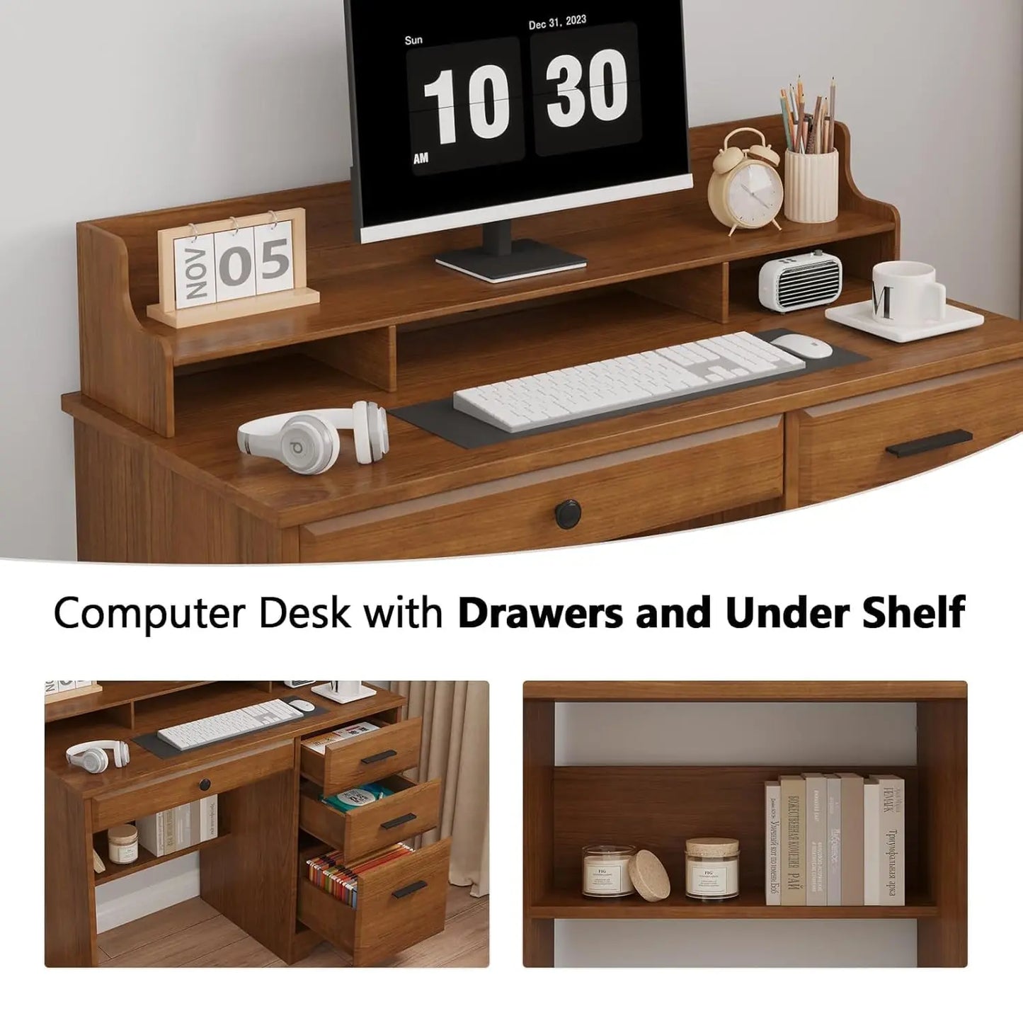 Computer Desk with File Cabinet & Monitor Stand