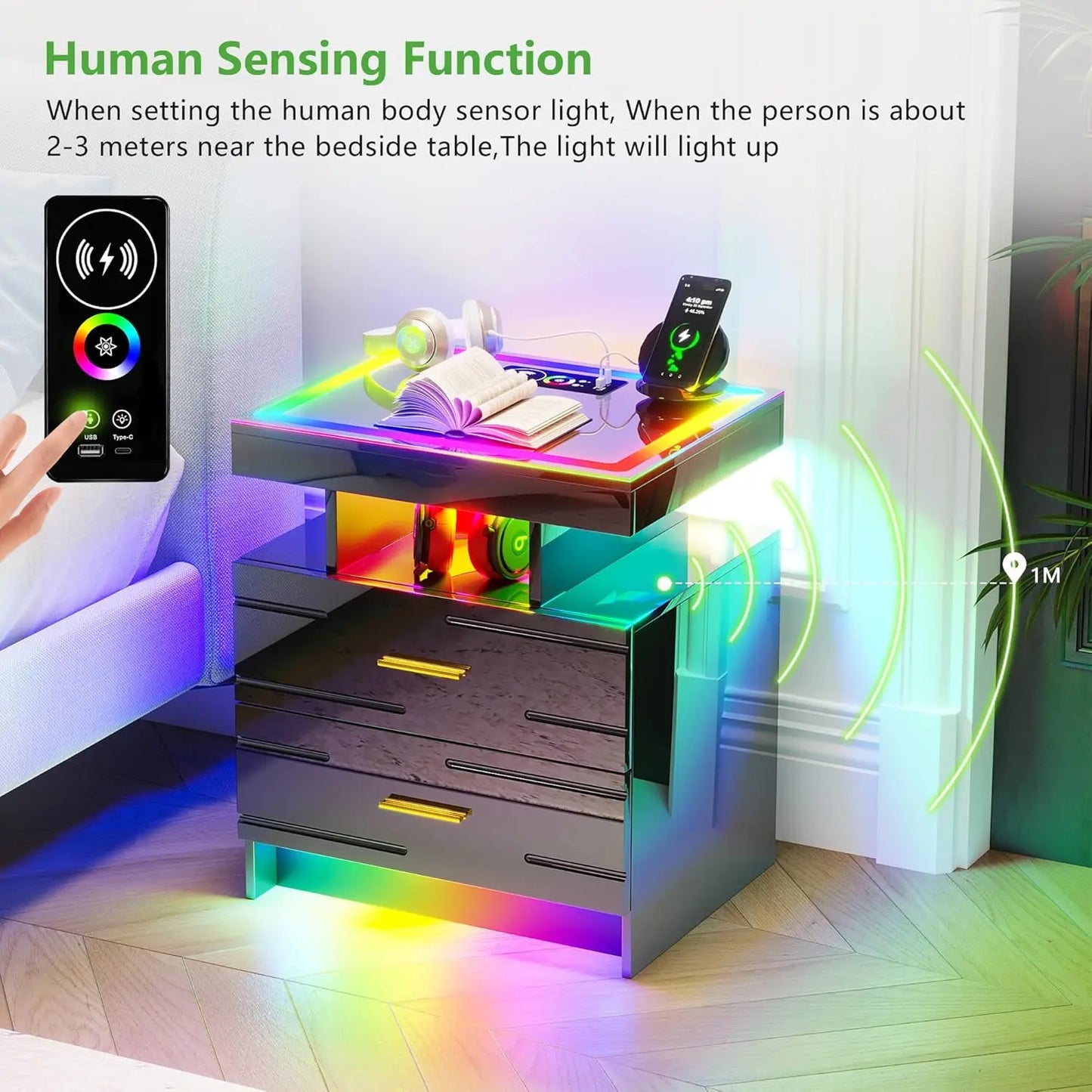 LED Nightstand Set With Charging Station