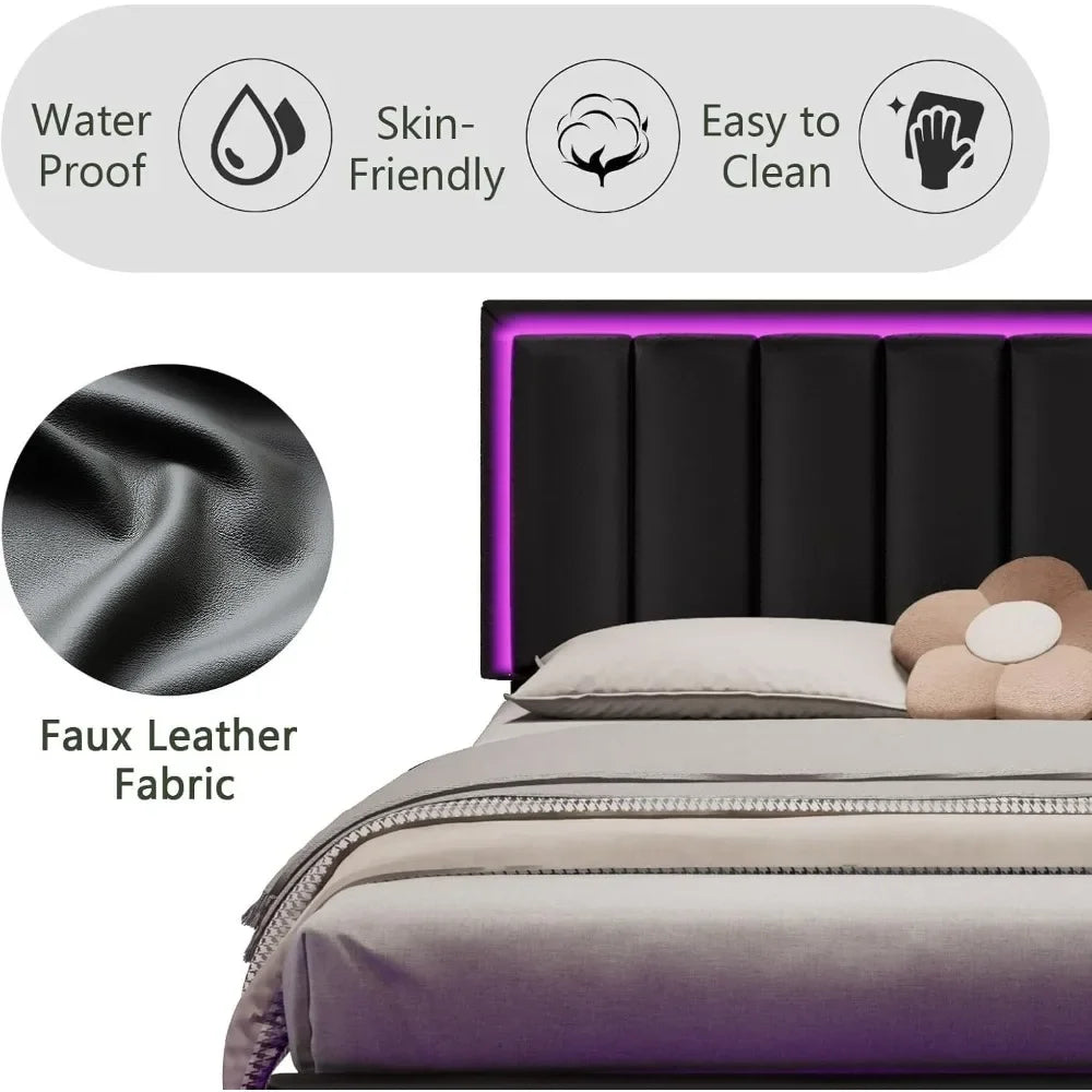 Floating Bed Frame with Headboard Upholstered with LED Lights