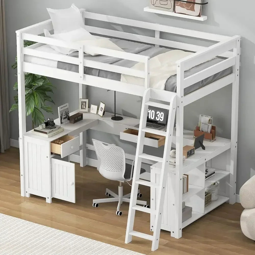 Wooden U-Shaped Loft Bed with Desk