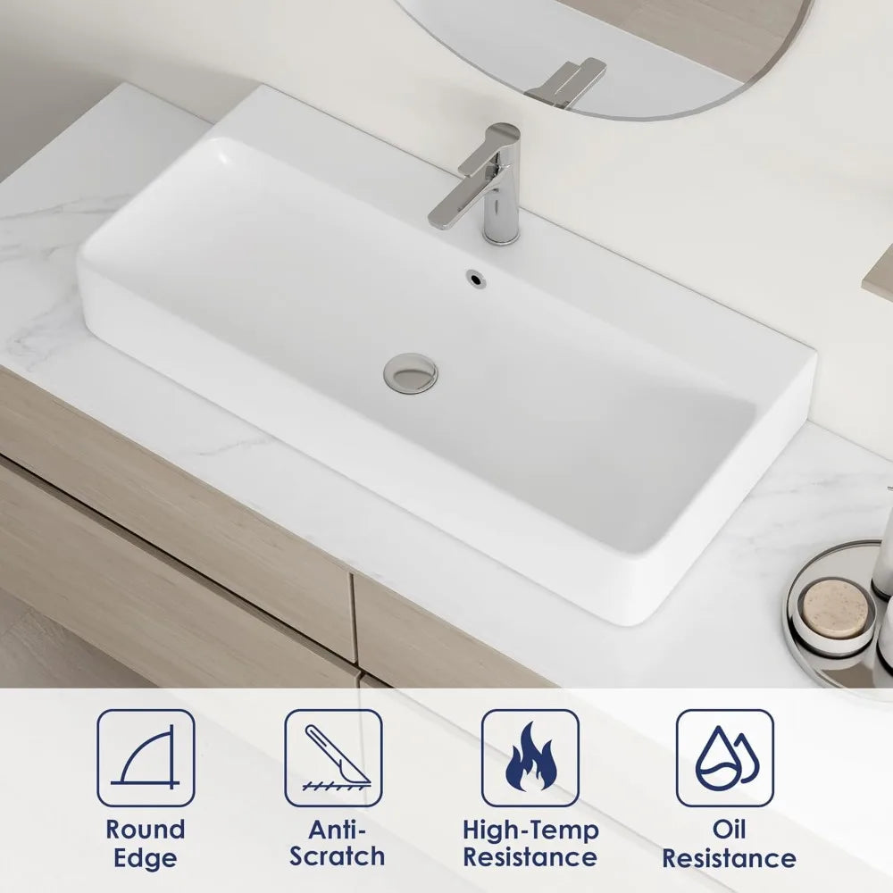 Bathroom Vessel Ceramic Rectangular Sink Above Counter Wall