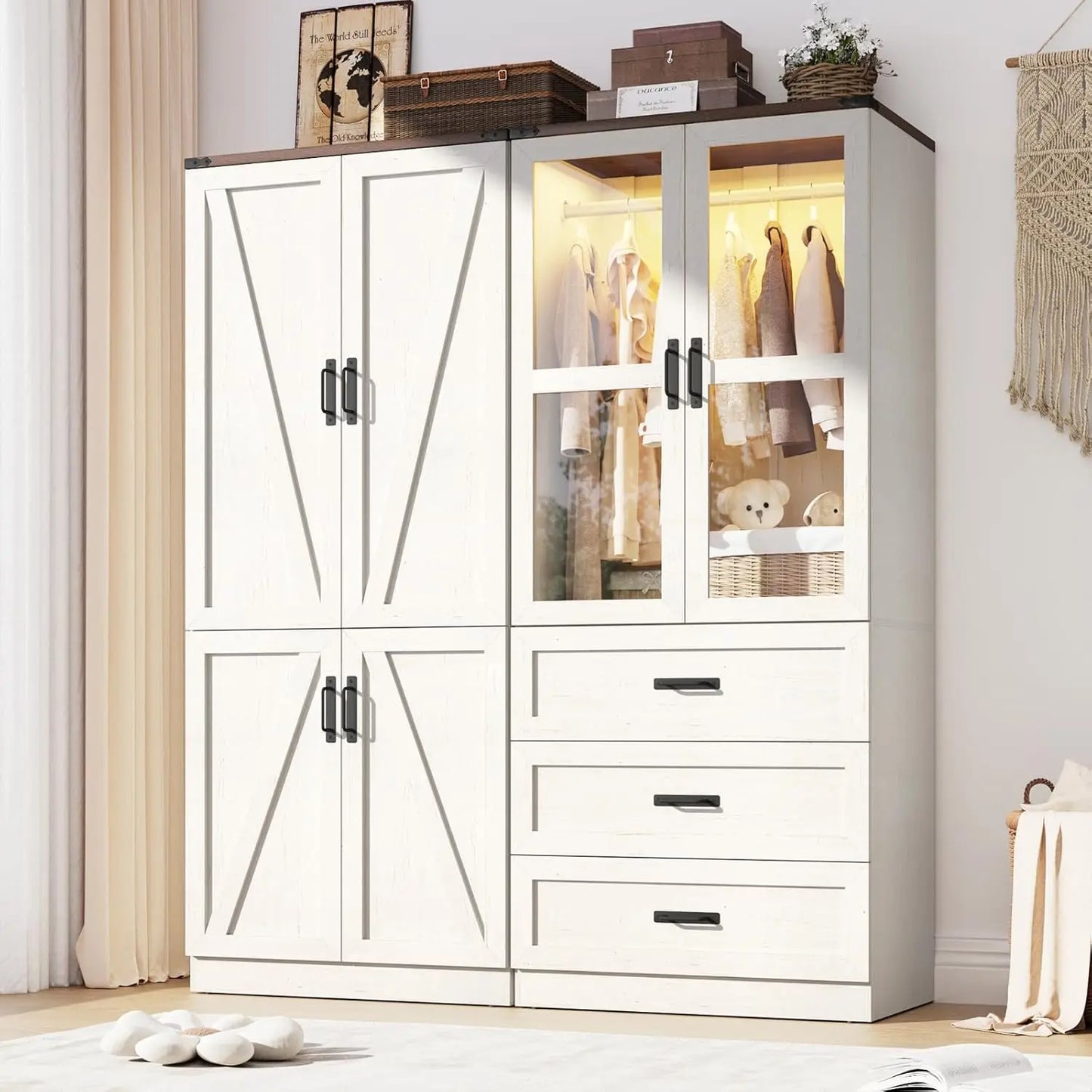 Farmhouse Armoire with LED Hanging Rod and Adjustable Shelf Storage Cabinet