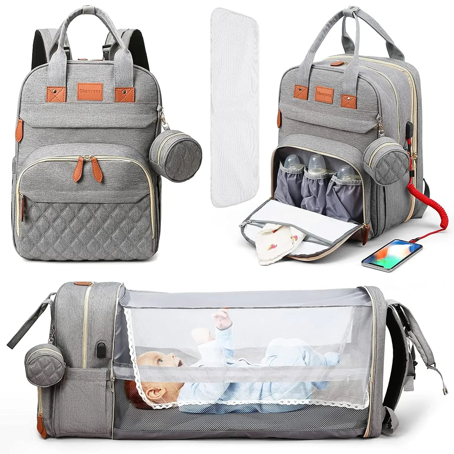Diaper Bag Backpack with Foldable Baby Bed Waterproof