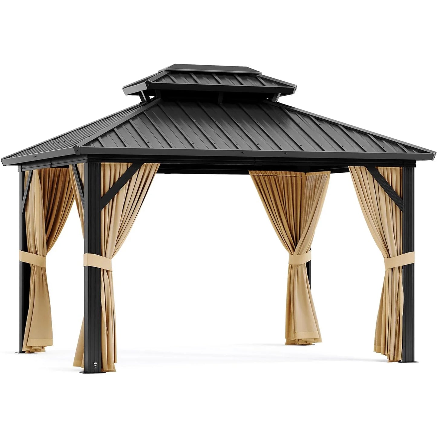 Heavy Duty Hardtop Gazebo Aluminum Permanent Pavilion With Double Steel Roof Netting & Curtains