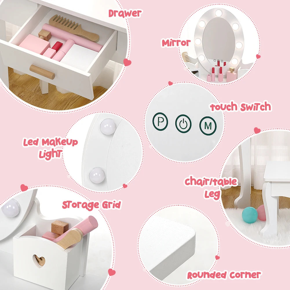 Vanity Set with Mirror Lights & Wood Makeup Playset