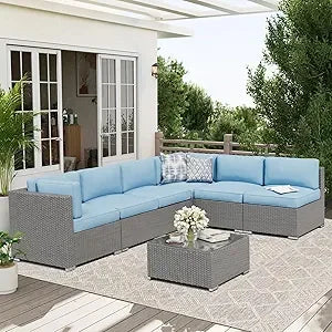 7-Piece Patio Furniture Sofa Set Rattan Wicker Sectional Conversation Sets with Glass Top Table and Cushions