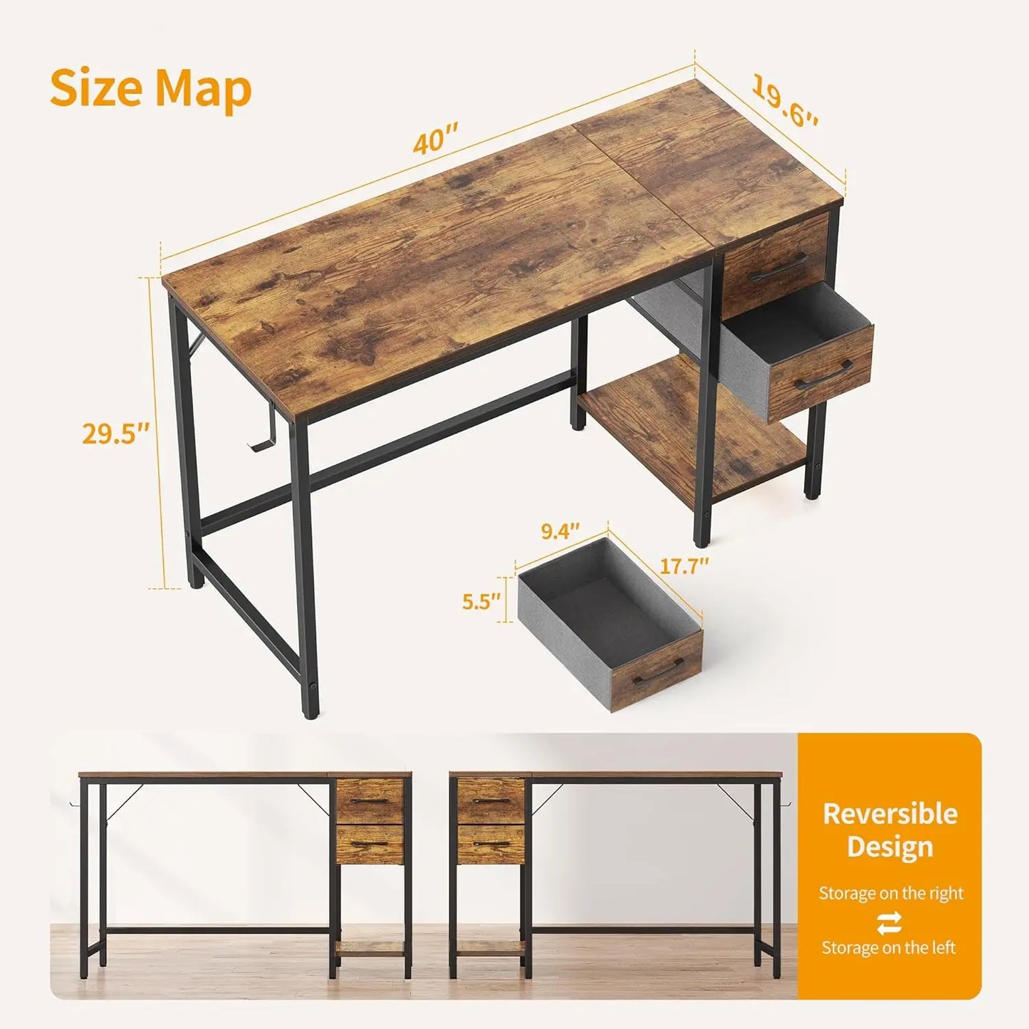 Rustic Brown Office Desk with 2 Drawers
