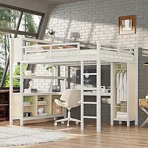 Twin XL Loft Bed with Stairs and L-shaped Desk
