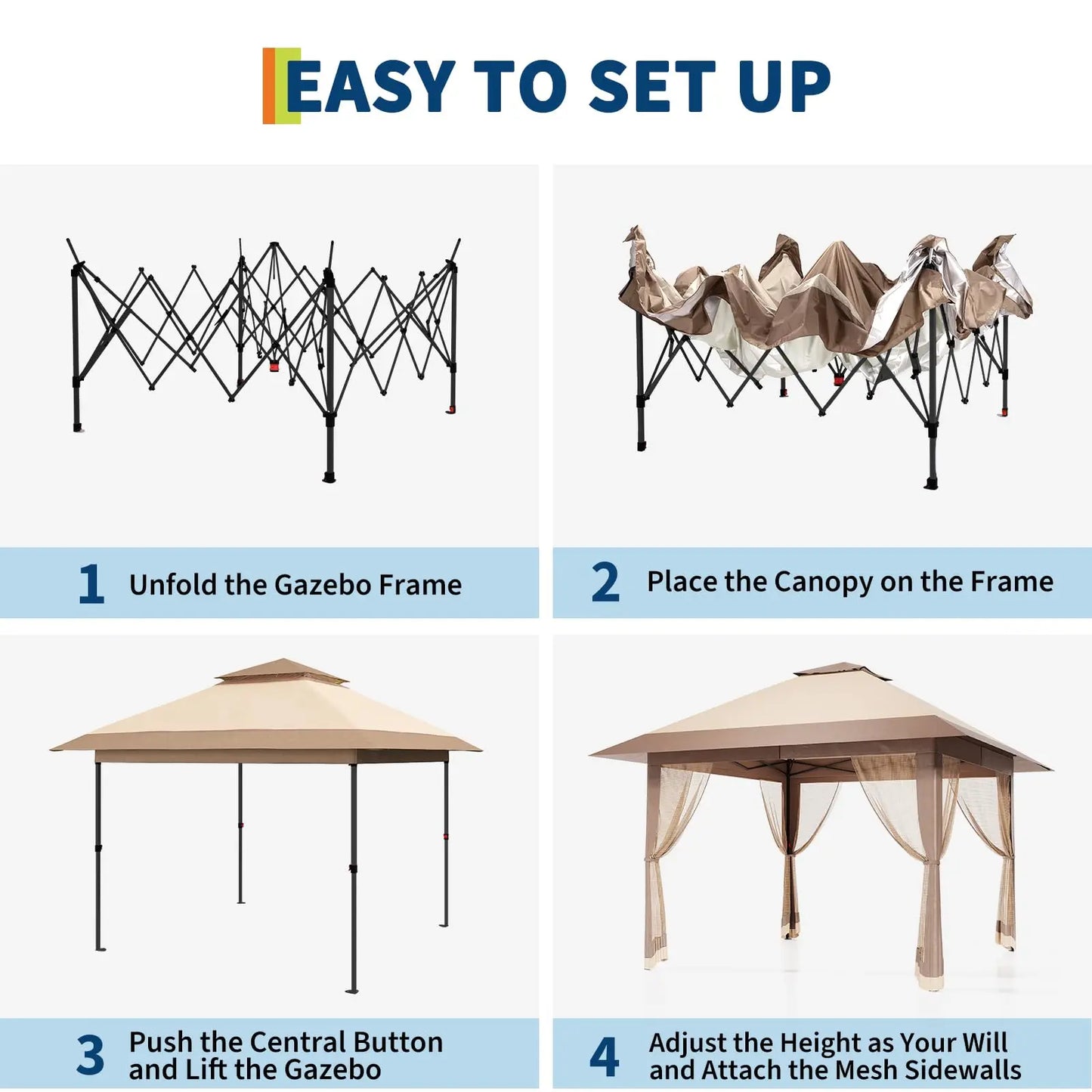 Pop-Up Gazebo Canopy with Mosquito Netting, One-Push Setup and Height Adjustable