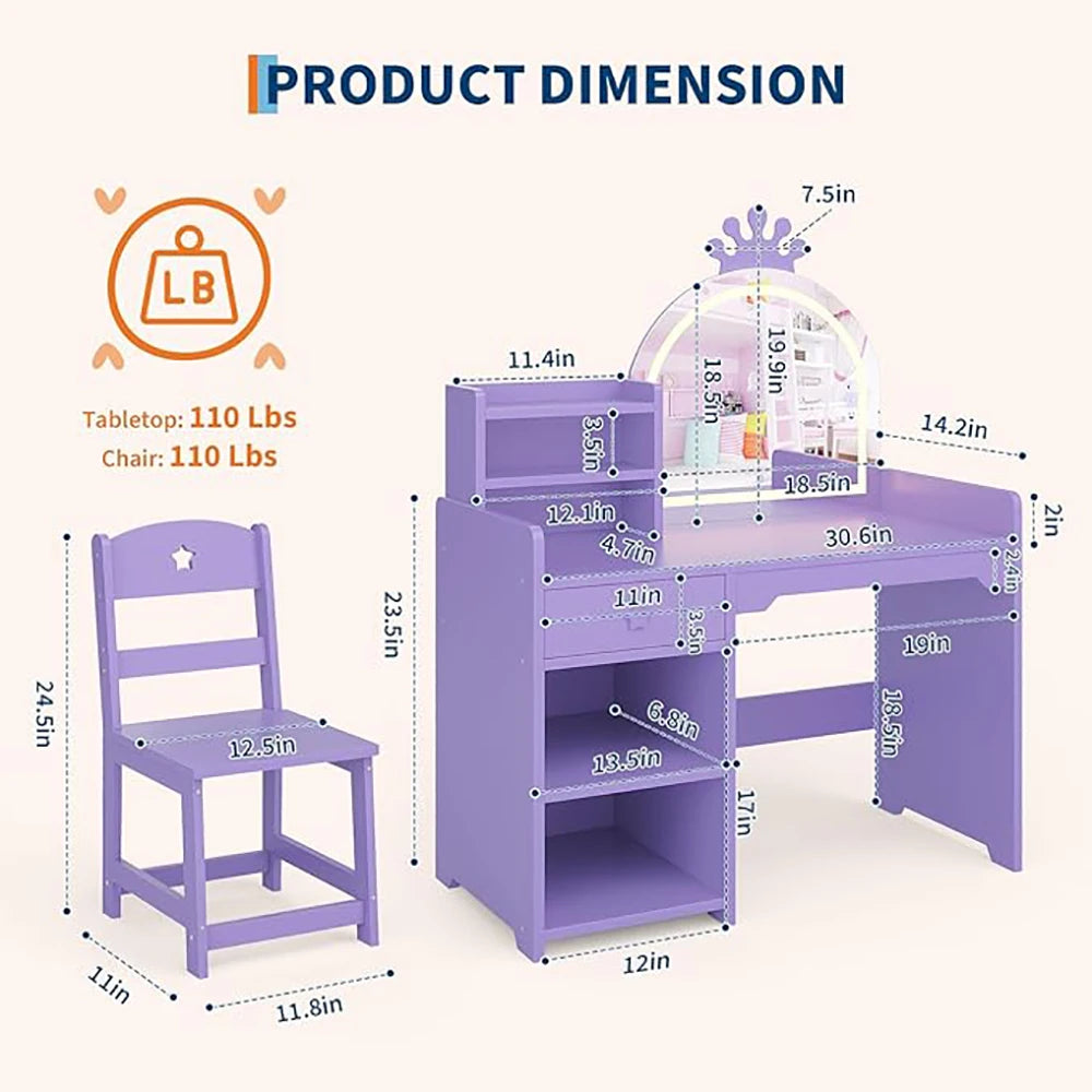 Kids Vanity with Lights, 2 in 1 Princess Makeup Vanity Desk & Chair Set