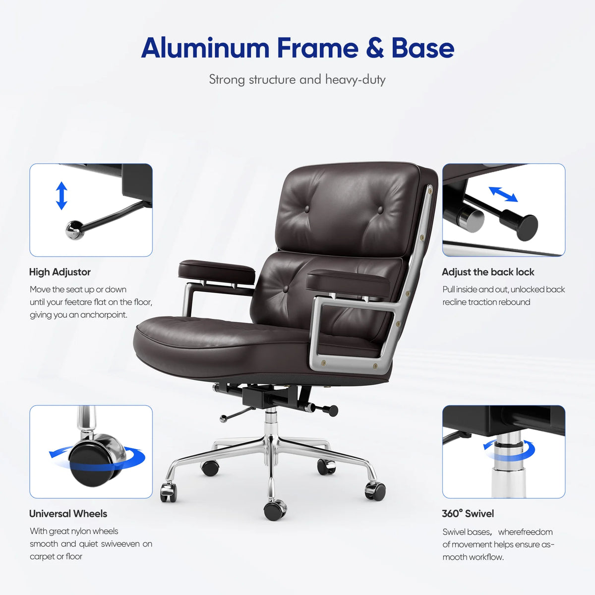 Genuine Leather with Aluminum Arms and Wheels for Support Rolling Swivel