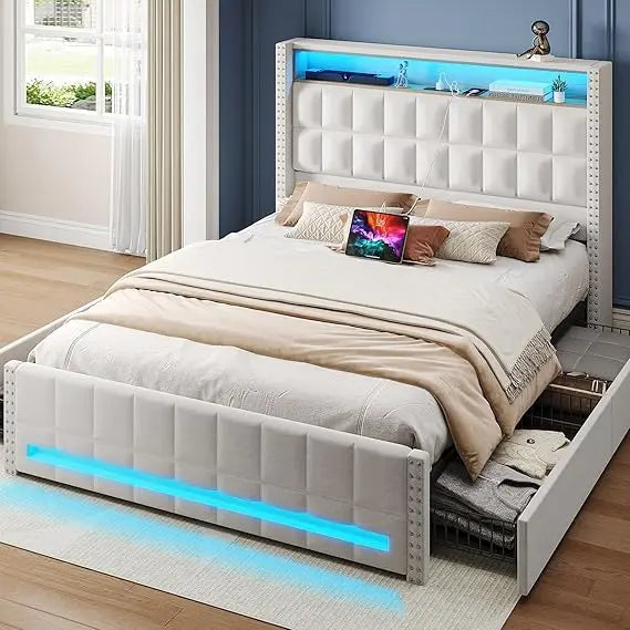 Bed Frame with Charging Station and 4 Storage Drawers