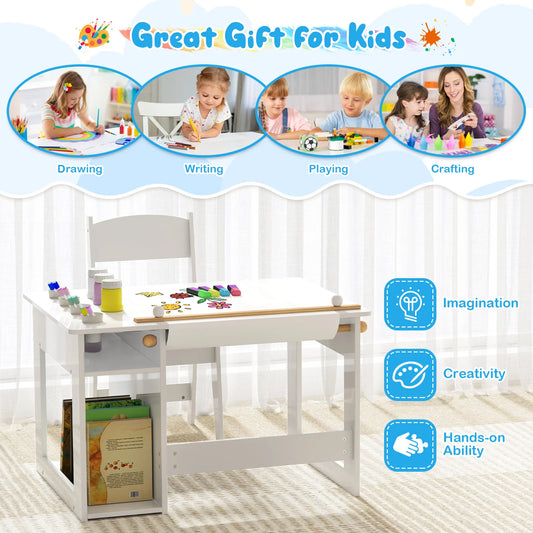 Art Table & Chair Set with Paper Roll 4 Paint Cups & 2 Storage Shelves