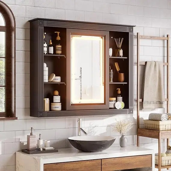 Wood Medicine Cabinet Over The Toilet Storage Organizer with Mirrored Doors
