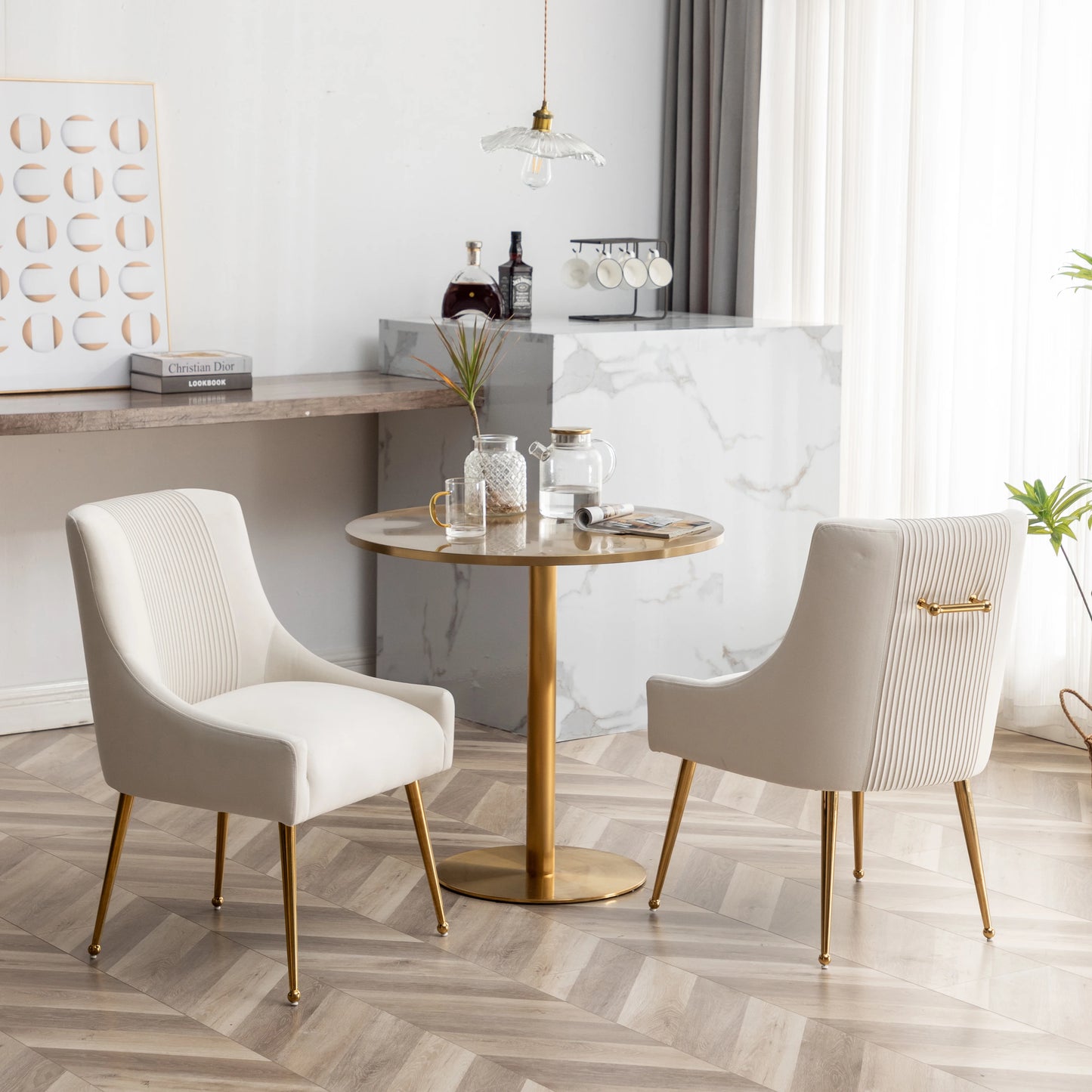 Modern Glam Vanity Buckle Pleated Velvet Dining Chair with Rear Handle