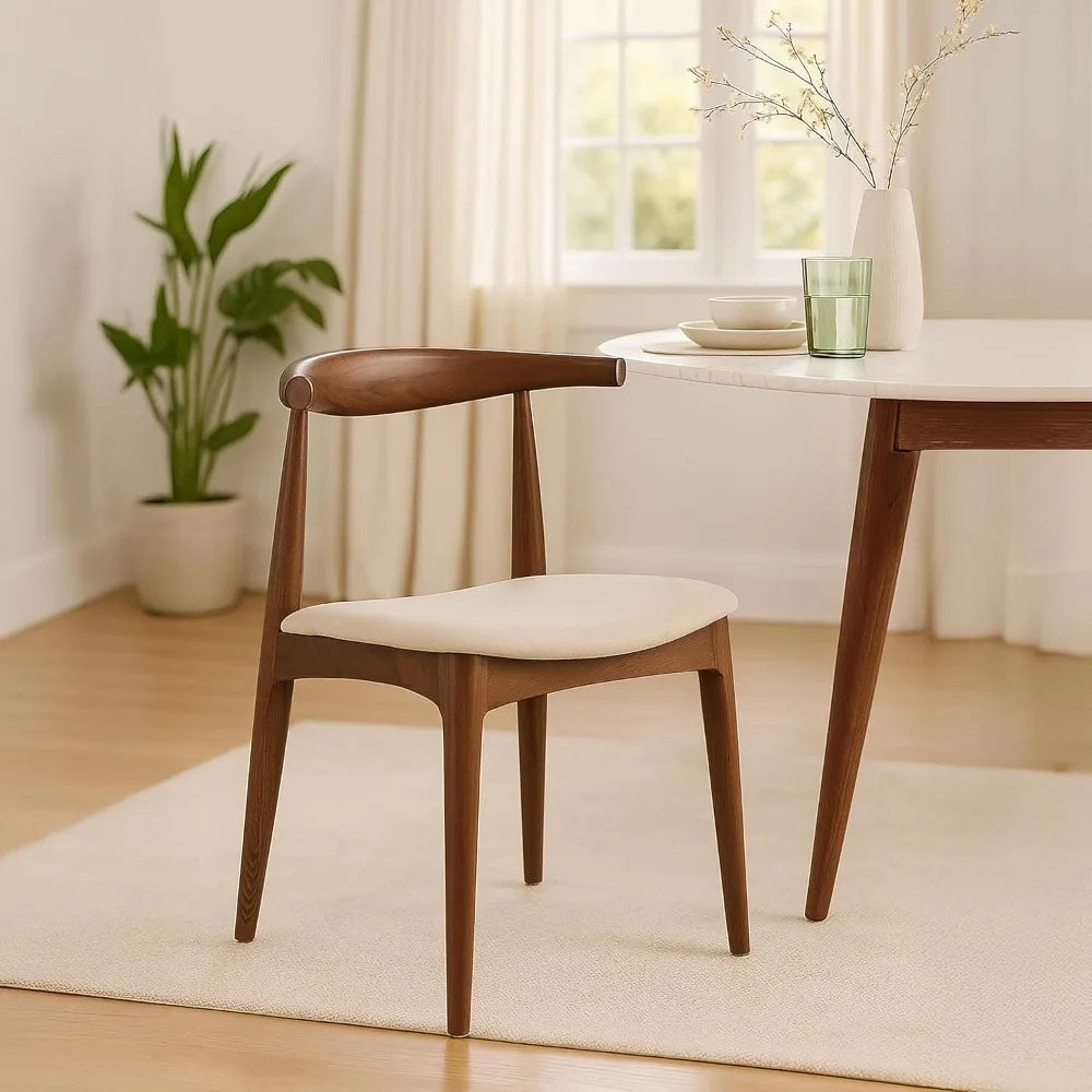 Pair of Wooden Dining Chairs with Beige Linen Cushioned Seats
