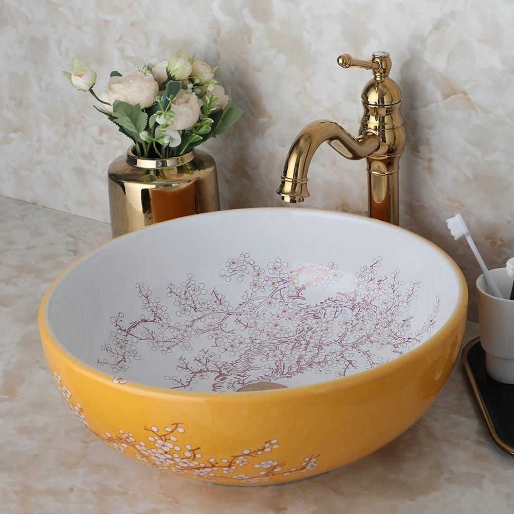 Ceramic Vessel Counter Top Flower Bird Pattern Bowl Sinks for Bathrooms