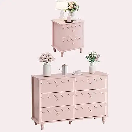 Bedroom Set - Two Drawers Nightstand & Scalloped 6 Drawer Dresser Combo