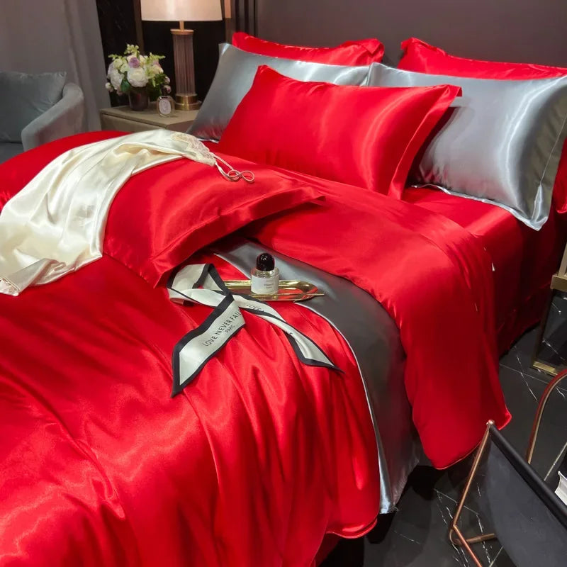 Solid Silk Bedding Set with Duvet Cover Bed Sheet
