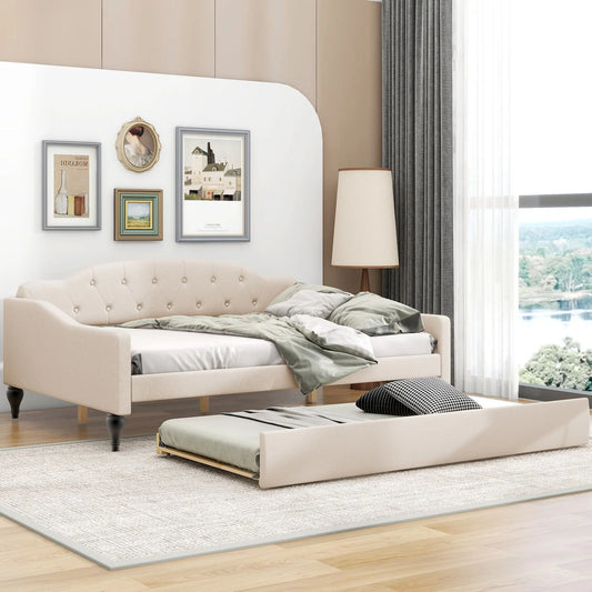 Full Size Beige Upholstered Tufted Daybed with Twin Size