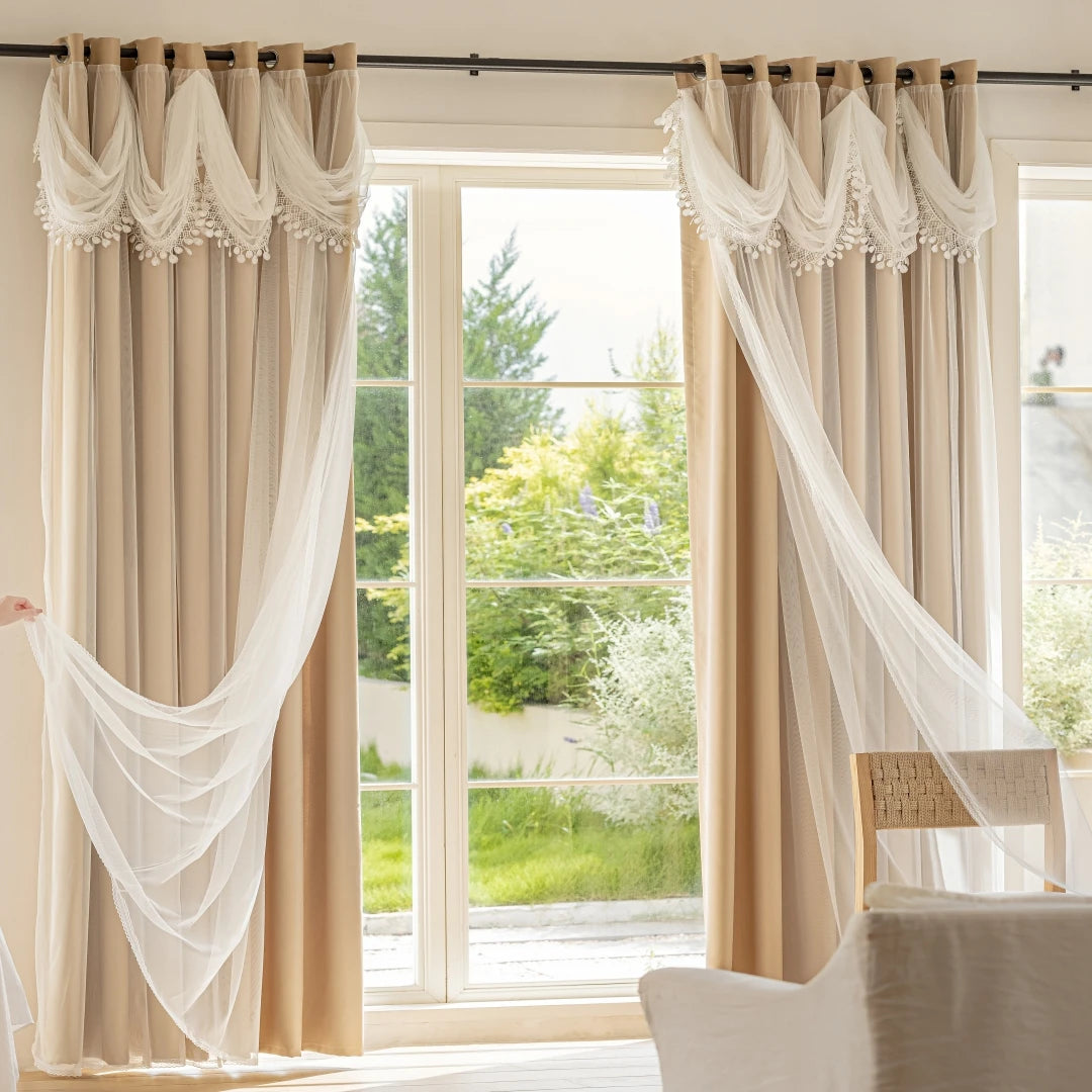 Elegant Wave Valance Blackout Curtains with Layered Sheer Drapes