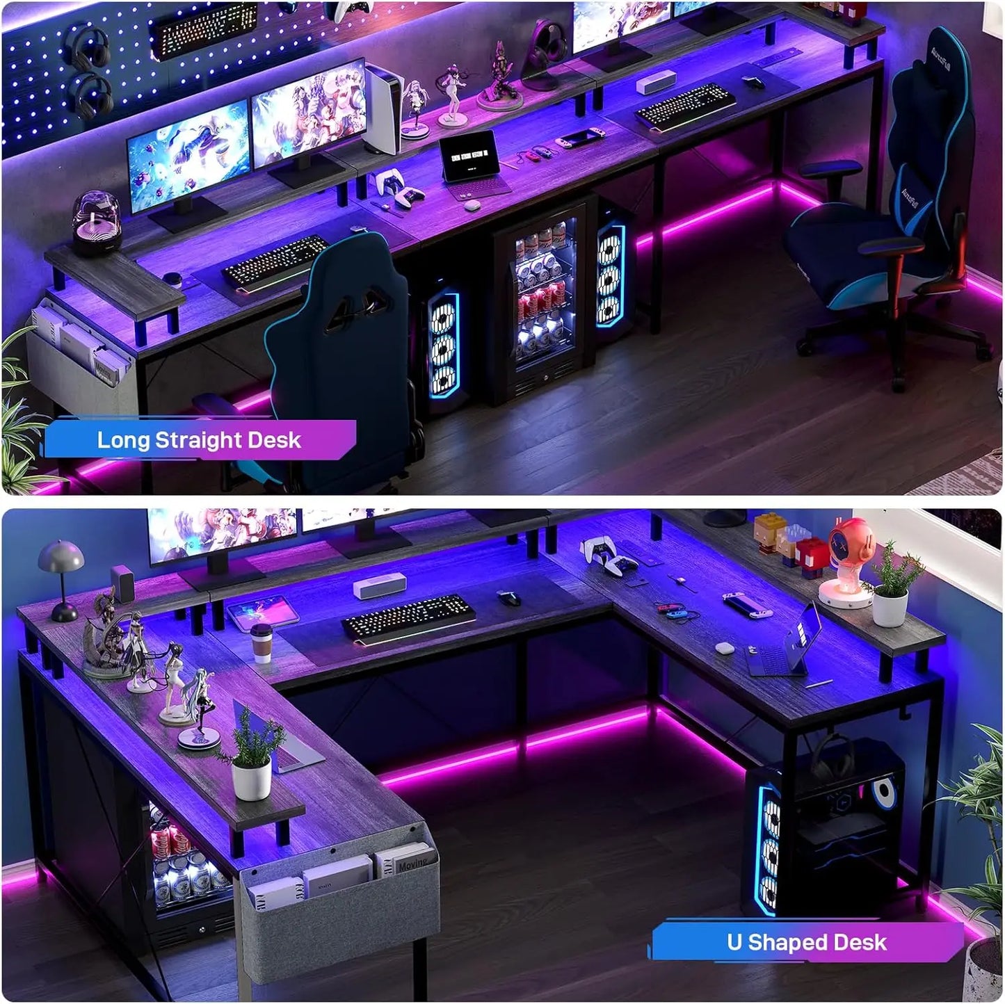 U Shaped Desk with Monitor Stand Storage Shelves