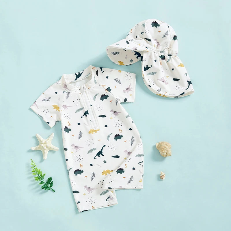 Dinosaur Print Rash Guard Swimsuit Set