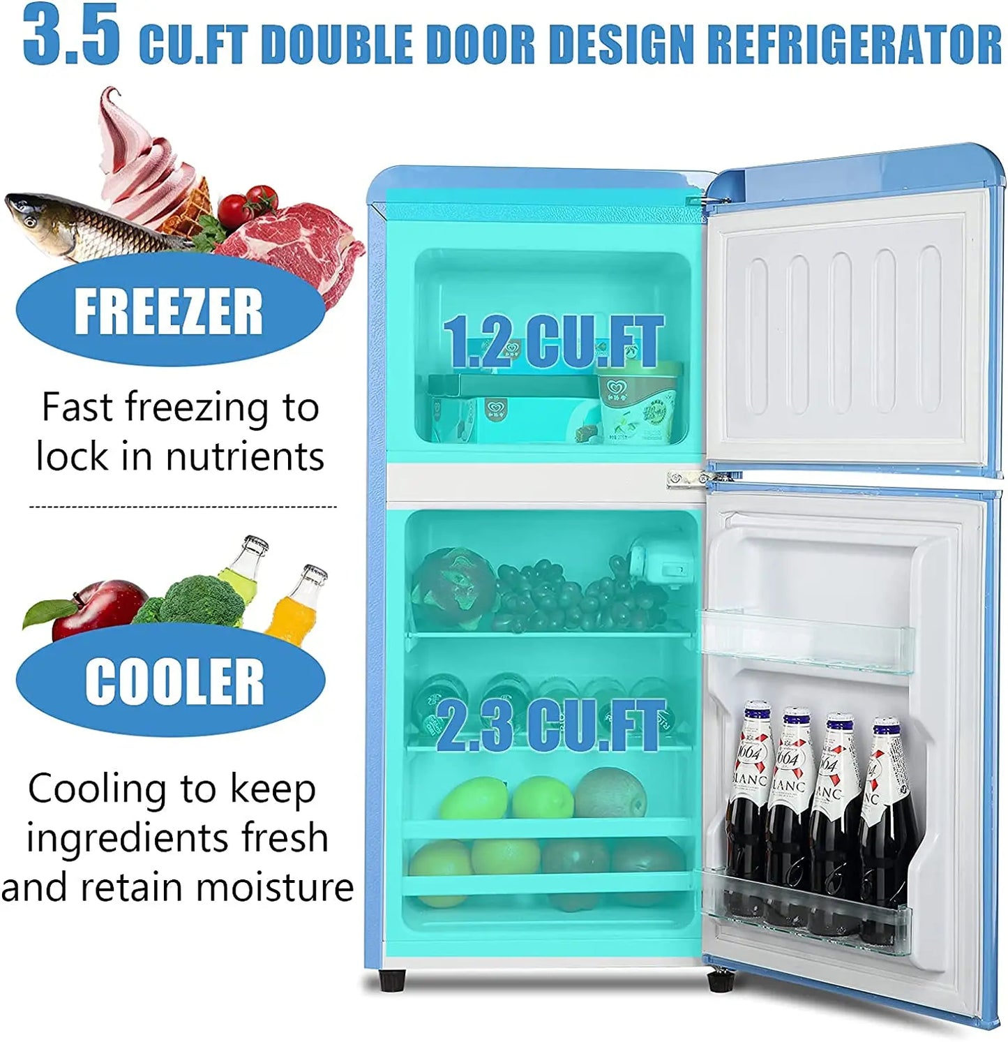 Retro Design Small Double Door Compact Refrigerator with Freezer