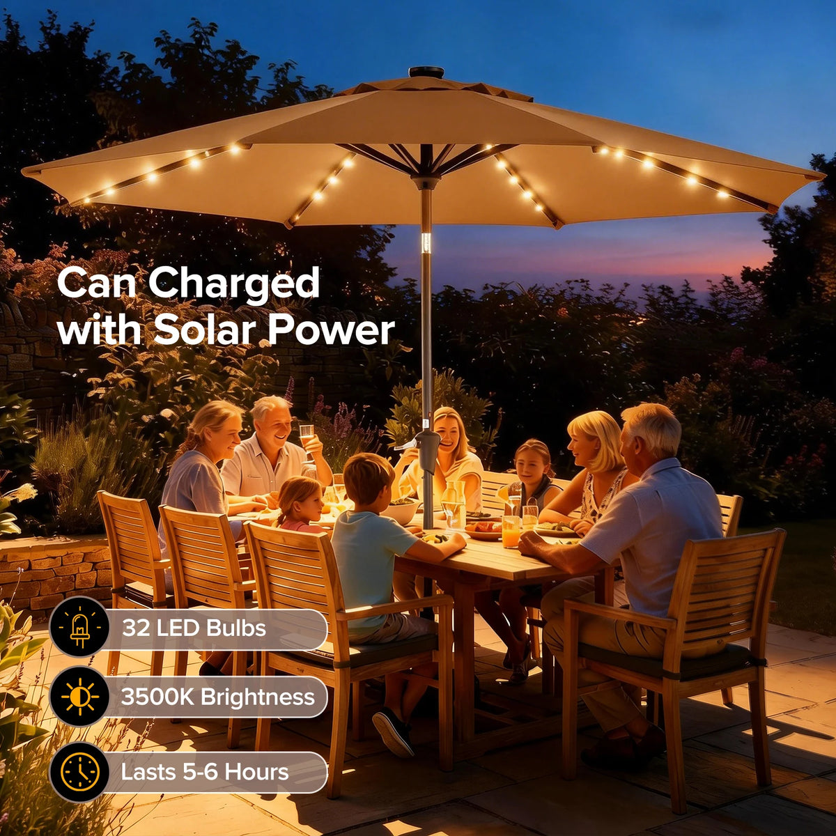 LED Lights Solar Patio Umbrella UV-Resistant