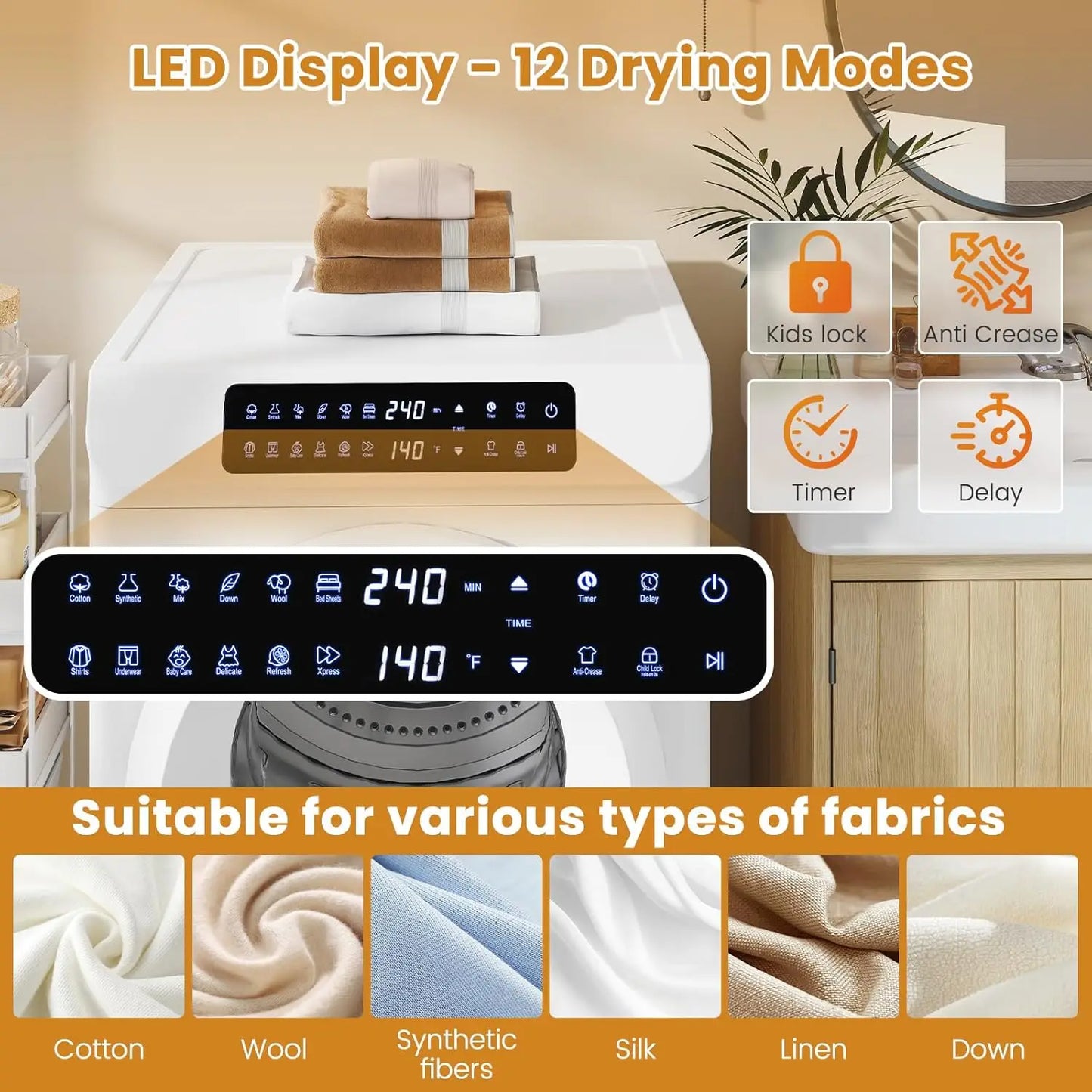Large Capacity Laundry Dryer with Stainless Steel Tub, Dryer Machine
