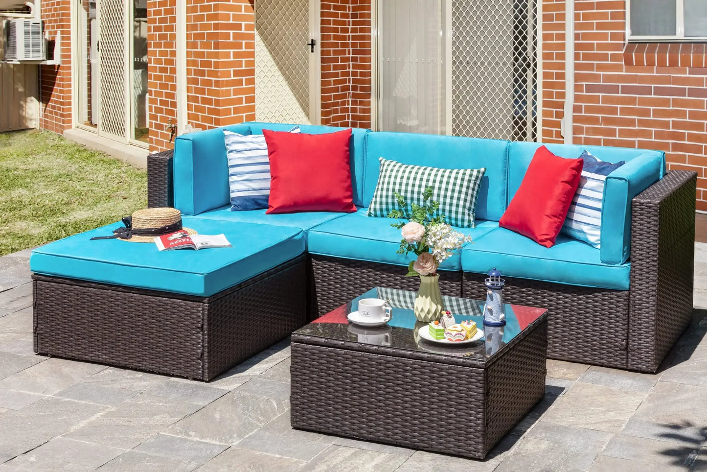 All-Weather PE Rattan Outdoor Couch with Ottoman