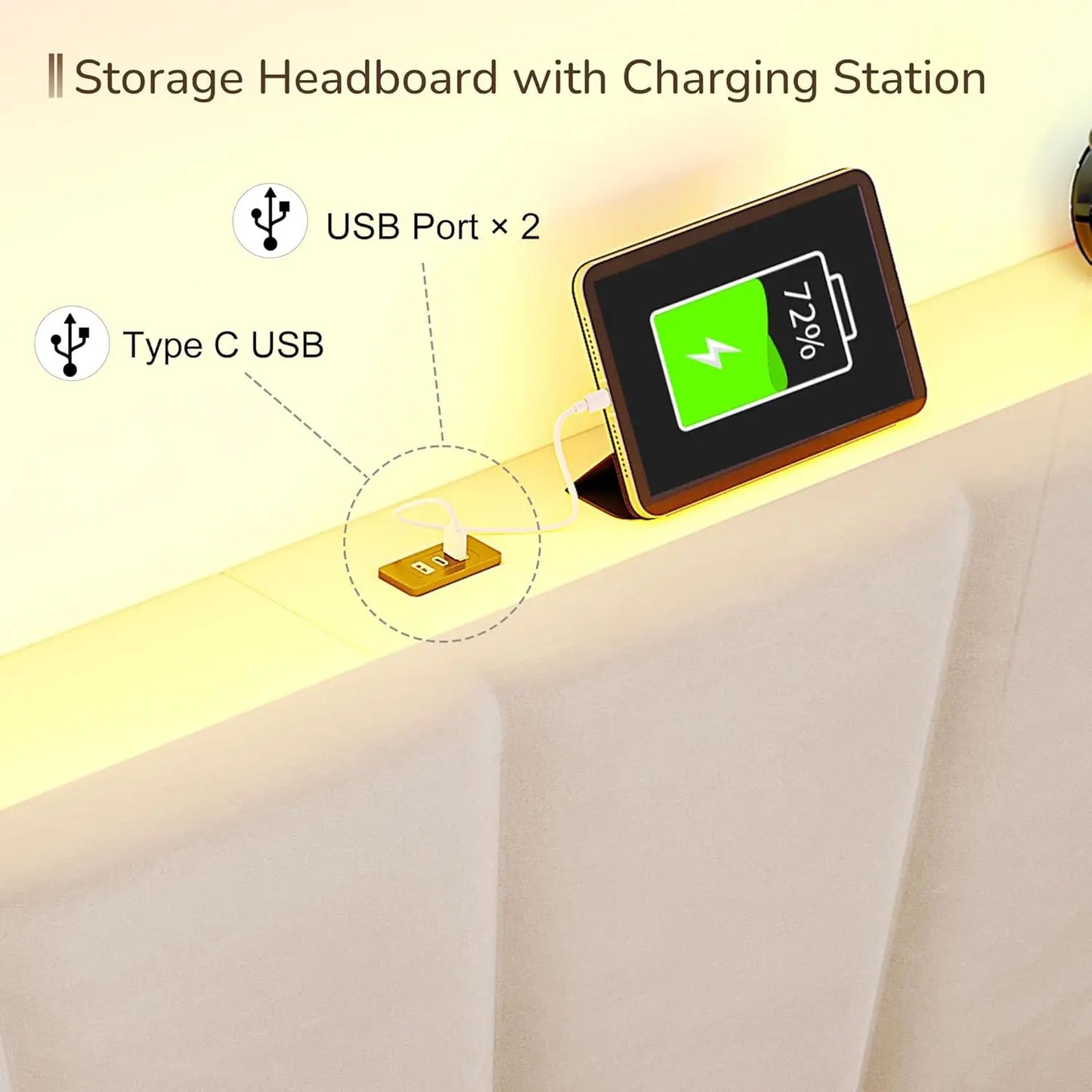 Storage Headboard Platform Bed with Charging Station
