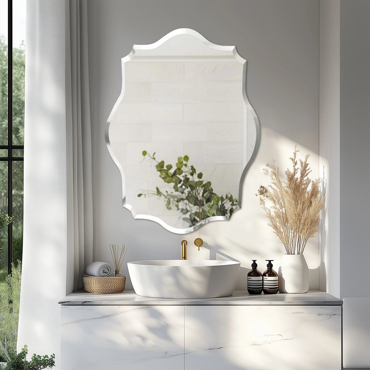 Wall Mirror Scalloped Frameless Beveled Edge Polished Mirror
