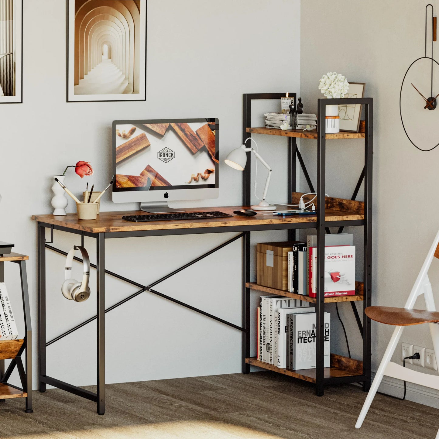 Computer Desk with Power Outlet with Storage Shelves and USB Ports Charging Station
