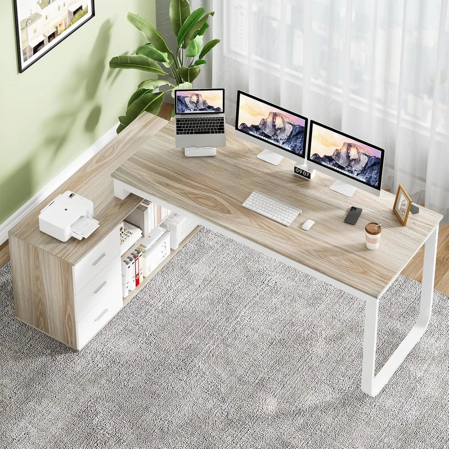 L-Shaped Desk with Drawers and Shelves