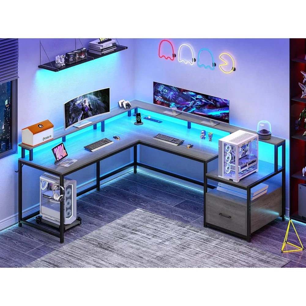L Shaped Desk with Wood File Drawer & Power Outlet