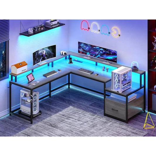 L Shaped Desk with Wood File Drawer & Power Outlet